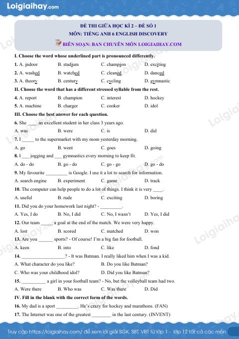 Đề thi giữa kì 2 Tiếng Anh 6 English Discovery - Đề số 1